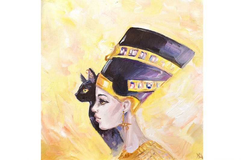 Nefertiti油画Bastet埃及猫原创艺术埃及绘画 - 壁貼/牆壁裝飾 - 其他材質 黃色