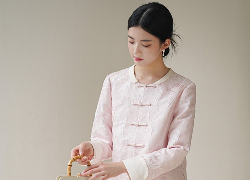 【氣質粉】新中式復古中國風 改良小衫/半裙 - 女上衣/長袖上衣 - 絲．絹 粉紅色