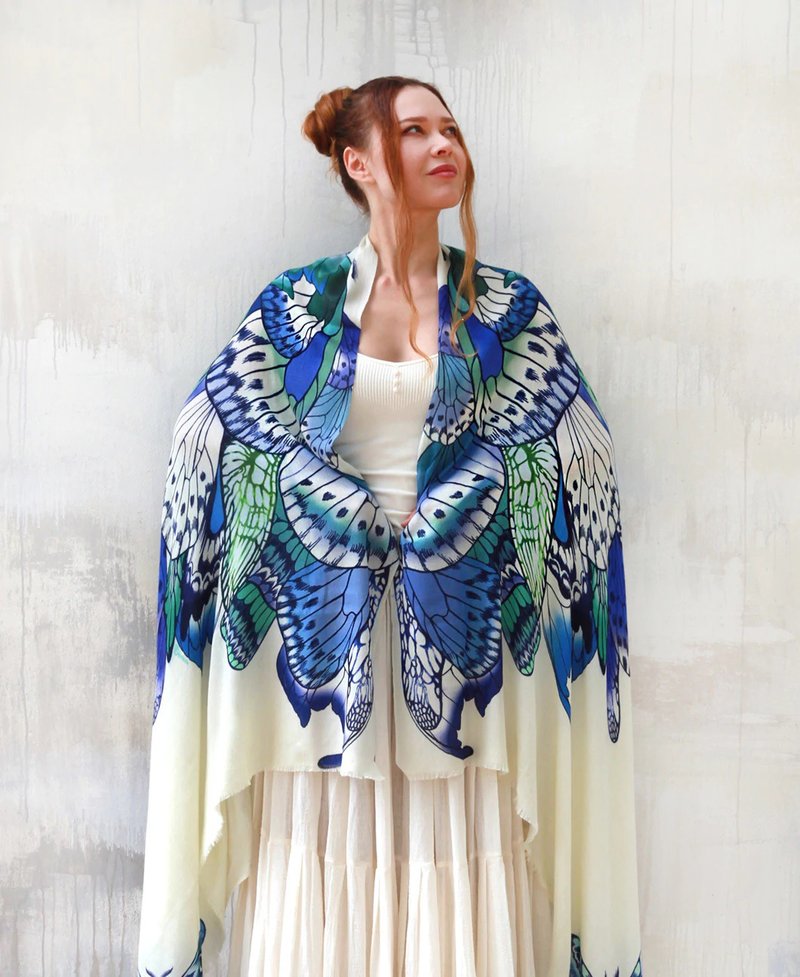 BLUE BUTTERFLY TRIBAL SHAWL - 絲巾 - 棉．麻 