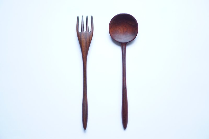 Wooden Soup Spoon & Fork set, Walnut - ช้อนส้อม - ไม้ สีนำ้ตาล