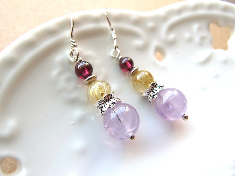 [Tower Cake] Red Pomegranate x Titanium Crystal x Amethyst x 925 Silver - Earrings - Earrings & Clip-ons - Crystal Multicolor
