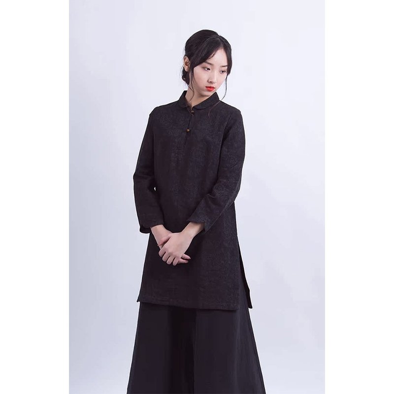 新中式黑色提花中長襯衫 - 女襯衫 - 棉．麻 