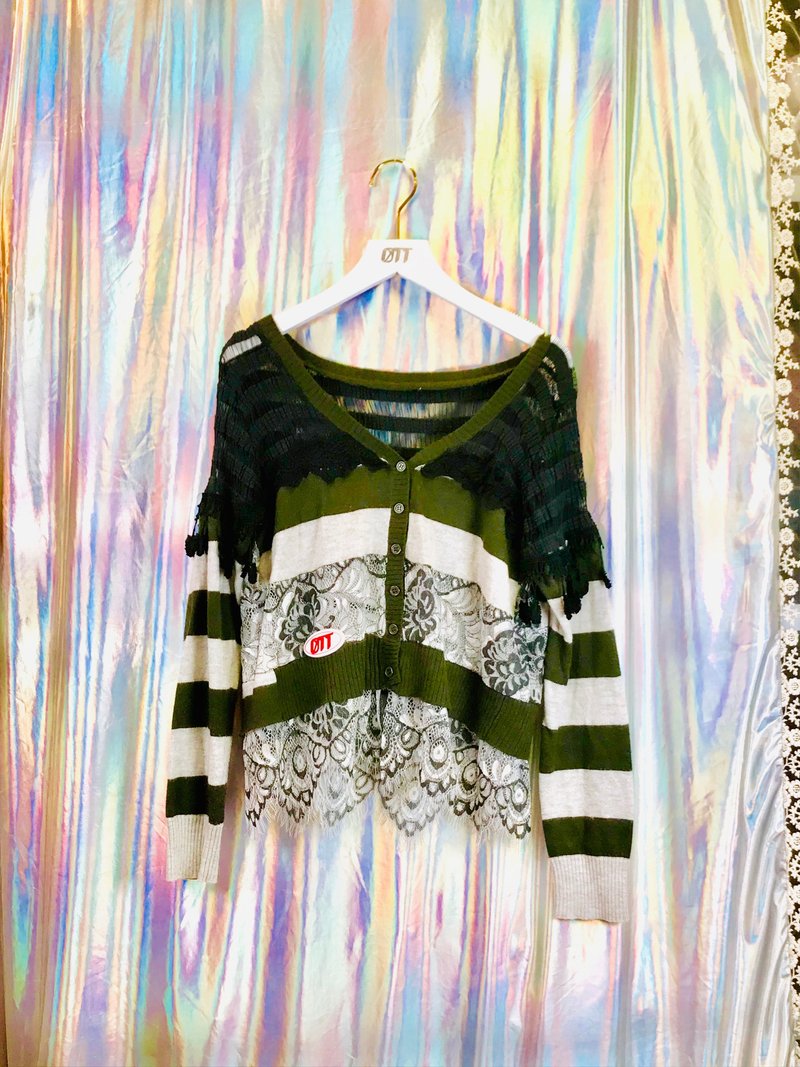 OTT unique•Unique army green lace striped open-chested sweater Military Cardigan - สเวตเตอร์ผู้หญิง - วัสดุอื่นๆ สีเขียว