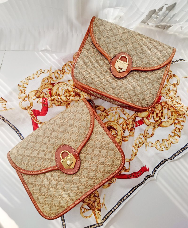 Second-hand bag CELINE rice flower tofu bag small square bag messenger bag messenger bag camera bag cosmetic bag shoulder bag - กระเป๋าแมสเซนเจอร์ - วัสดุกันนำ้ สีนำ้ตาล