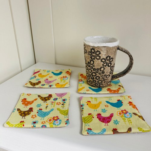 KOTTOSH ART Chickens coaster Set of 4 Linen-cotton coasters 11.5 x 11.5 cm