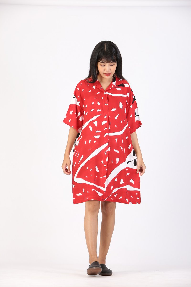Dress Shirt Cotton Rayon Hand Paint Free Size - ชุดเดรส - ผ้าฝ้าย/ผ้าลินิน สีแดง