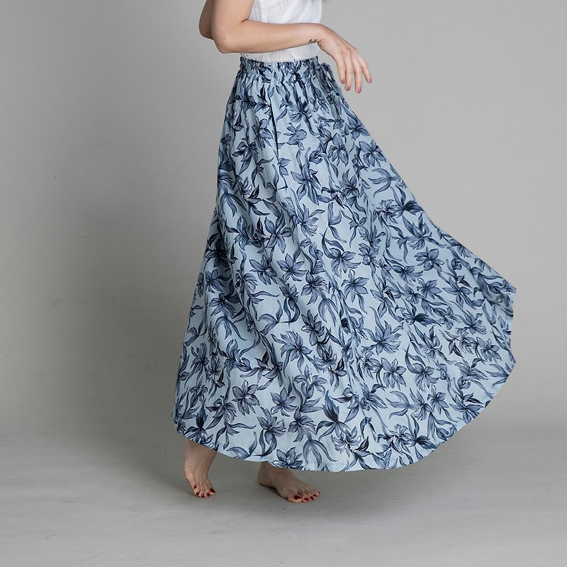 抽繩長裙 maxi skirt - 印花 - 裙子/長裙 - 棉．麻 藍色
