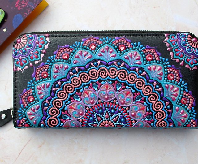 Womens wallet, Painted wallet, Wallet mandala, Leather wallet, Zip