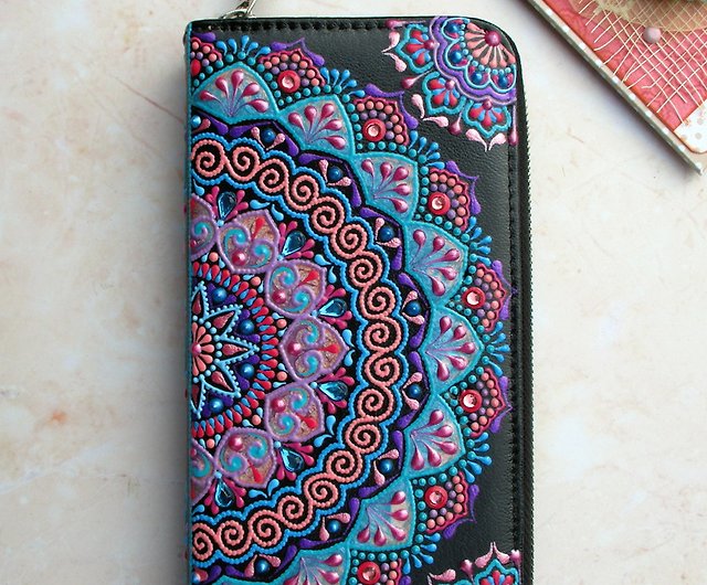 Black Leather Wallet with Turquoise Blue Mandala Real Painting Women Purse Perfect Christmas Gift Idea