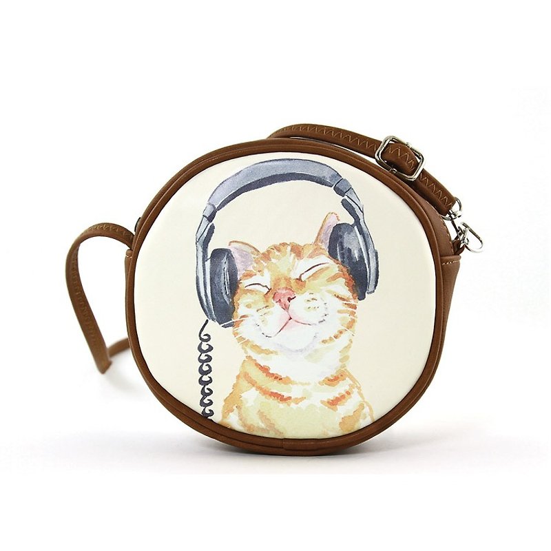 戴耳機的貓咪手繪風童趣圓形斜揹包  圓包  -  愛雪莉 - 側背包/斜孭袋 - 人造皮革 白色