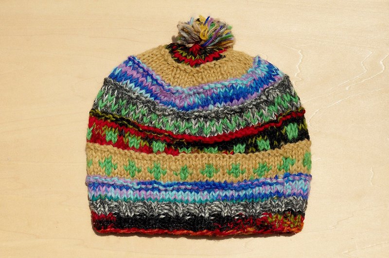 Christmas gift limited one hand-woven pure wool hat / knitted wool hat / inner bristles hand knitted wool hat / woolen hat (made in nepal)-mixed color gradient ethnic stripes - Hats & Caps - Wool Multicolor
