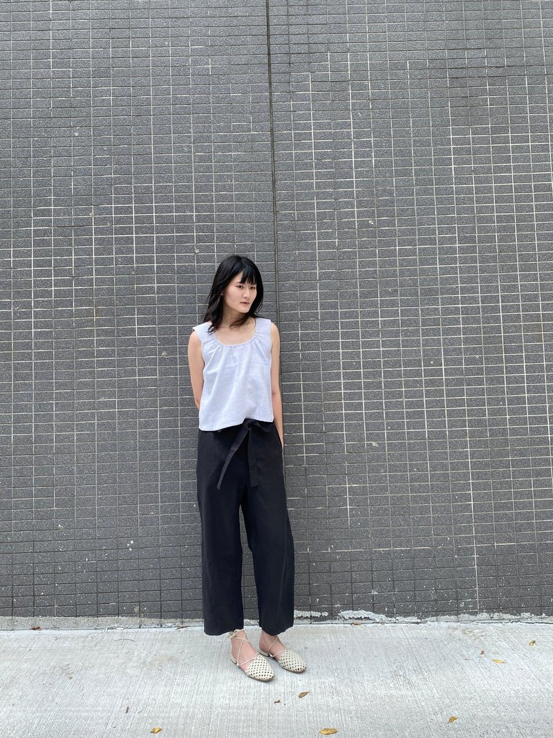 線條麻質老爺褲 - 女長褲 - 棉．麻 黑色