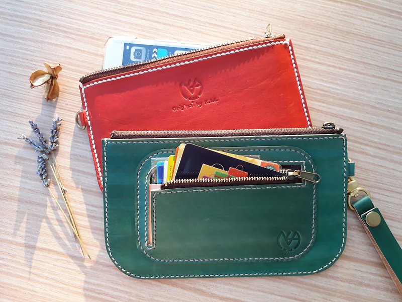 Clutch/mobile phone bag-card style (with leather wrist strap)│Vegetable tanned leather hand-dyed and brandable - กระเป๋าคลัทช์ - หนังแท้ สีนำ้ตาล