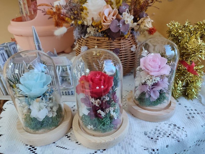 永生玫瑰玻璃花盅 平底+串燈 - 乾燥花/永生花 - 植物．花 紅色