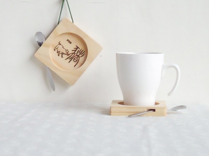 Zodiac pig cute pig solid wood coaster birthday gift graduation gift blessing gift customization - Coasters - Wood Brown