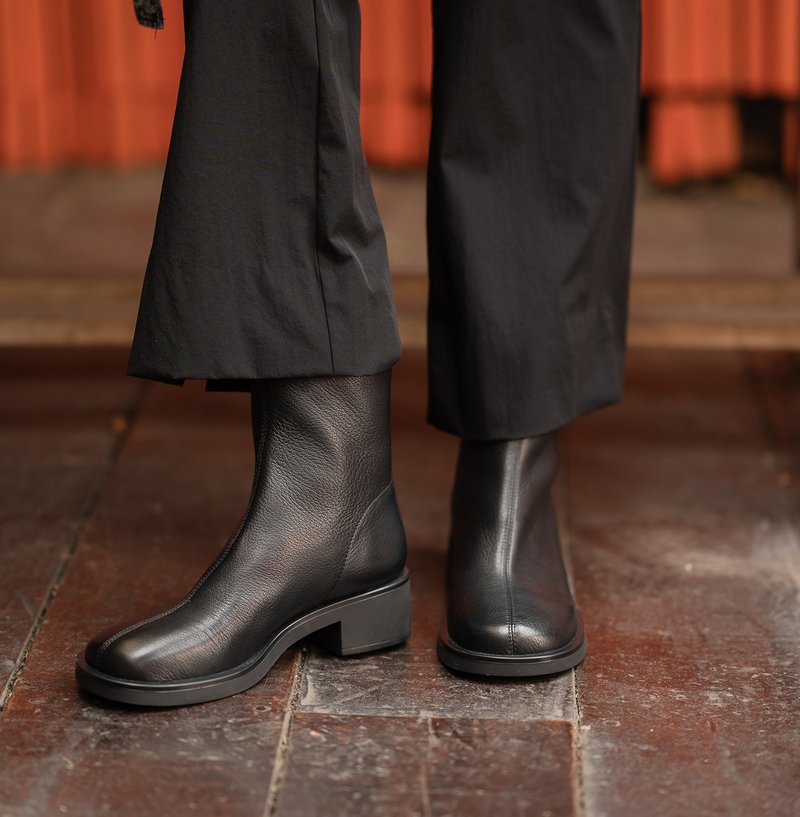 Neutral Round Toe-Low Heel High Boots-Black - Women's Booties - Genuine Leather Black