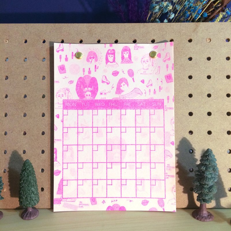 辦公室實用小物 女孩萬年曆記事 螢光粉 Risograph 孔版印刷 - 筆記本/手帳 - 紙 粉紅色