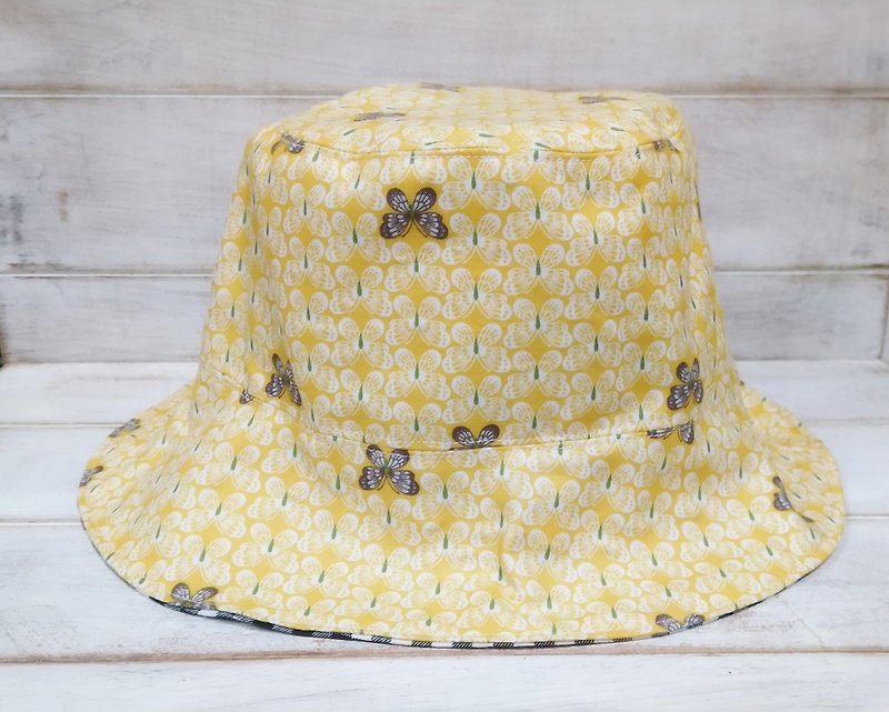夏のレモン黄色の蝶の黒のチェッカーの漁師の帽子バイザー - 帽子 - コットン・麻 イエロー