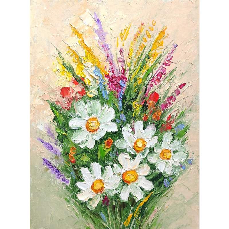 Daisies Bouquet Original Painting, Field Flower Wall Art, Small Floral Artwork - 海報/掛畫/掛布 - 其他材質 多色