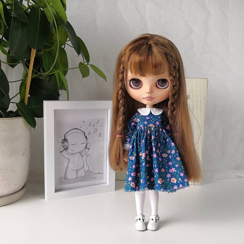 Dark blue floral dress for Blythe doll - Stuffed Dolls & Figurines - Cotton & Hemp 