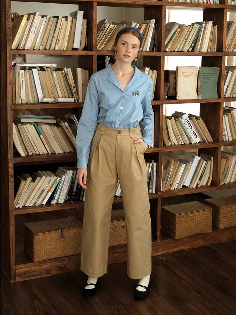 Mintcheese French wide pleated design cotton loose high waist Khaki Pants - กางเกงขายาว - ผ้าฝ้าย/ผ้าลินิน สีกากี