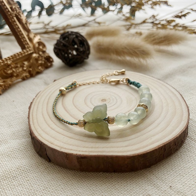 Green Butterfly Hetian Bracelet | Grape Stone Hetian Jade Butterfly Carved Jade Thread Weaving Original Design - Bracelets - Crystal Green