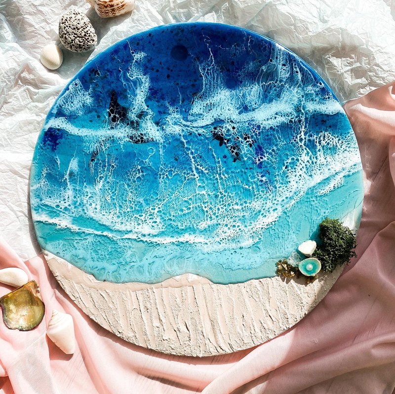 wall picture wood epoxy resin sea handmade abstraction home decor gift - 壁貼/牆壁裝飾 - 木頭 藍色