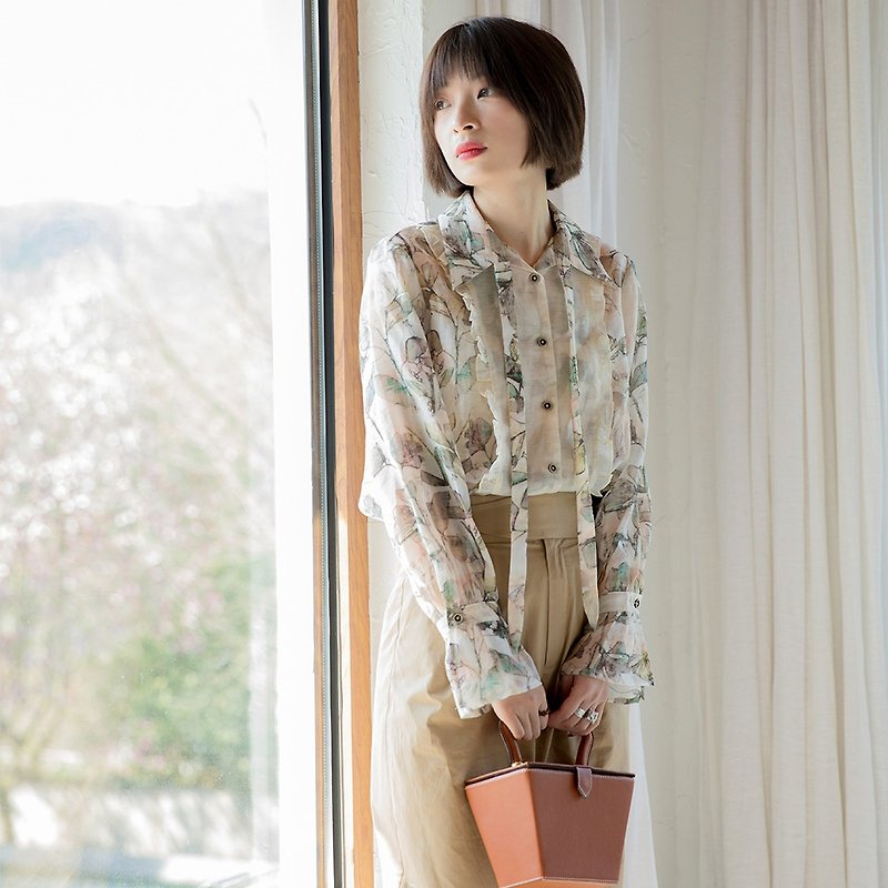 Vintage Print Lace Up Long Sleeve Shirt | Shirt | Spring | Tencel Blend | Sora-462 - เสื้อเชิ้ตผู้หญิง - ไฟเบอร์อื่นๆ 
