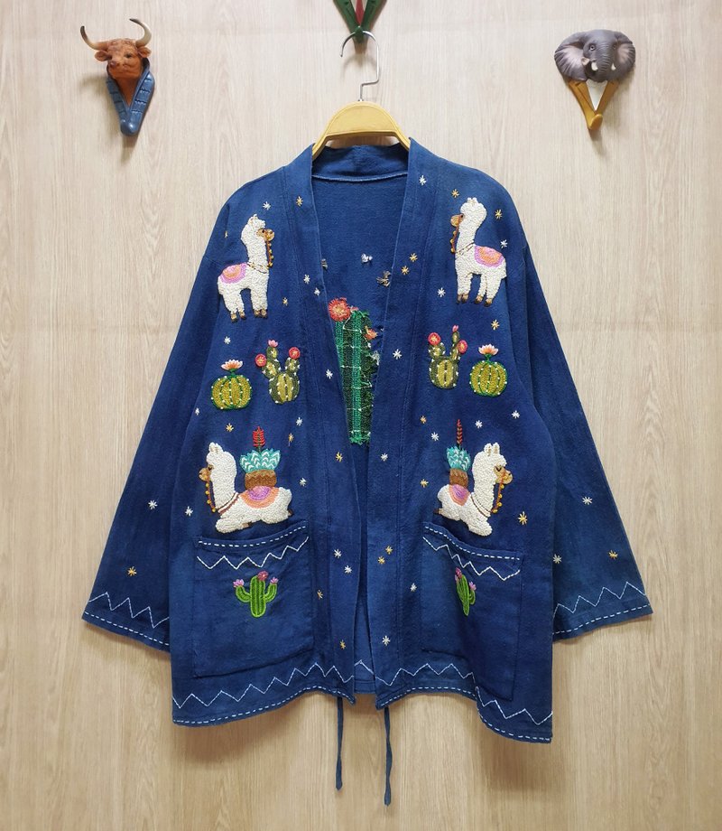 手工刺繡開衫、棉、羊駝毛、仙人掌 - 女大衣/外套 - 繡線 藍色