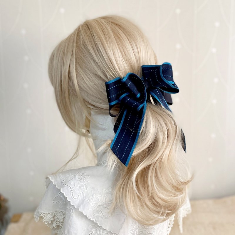 Blue and black three-dimensional bowknot banana clip scrunchie hair ring ponytail clip hair clip intersecting side clip hair fork - เครื่องประดับผม - วัสดุอื่นๆ สีน้ำเงิน
