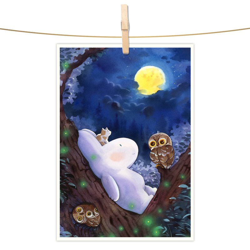 afu水彩插畫明信片 - 月夜貓頭鷹 - 卡片/明信片 - 紙 藍色