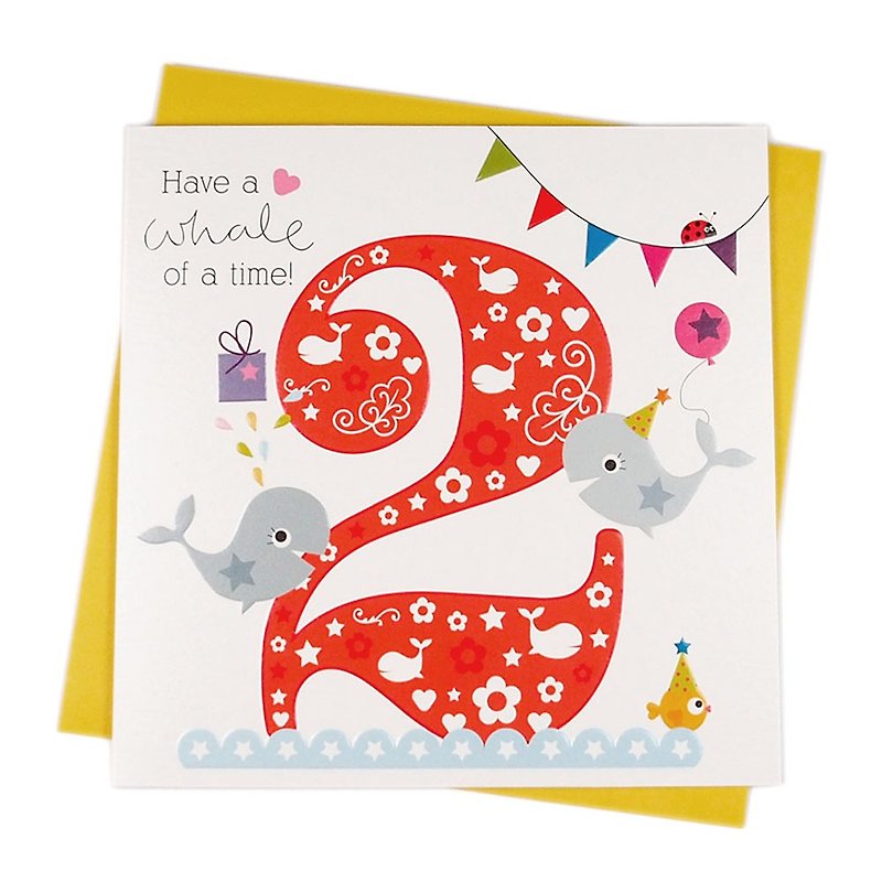 ハッピークジラ水泳-2歳の誕生日[ペーパーローズ-カードの誕生日の願い] - カード・はがき - 紙 多色