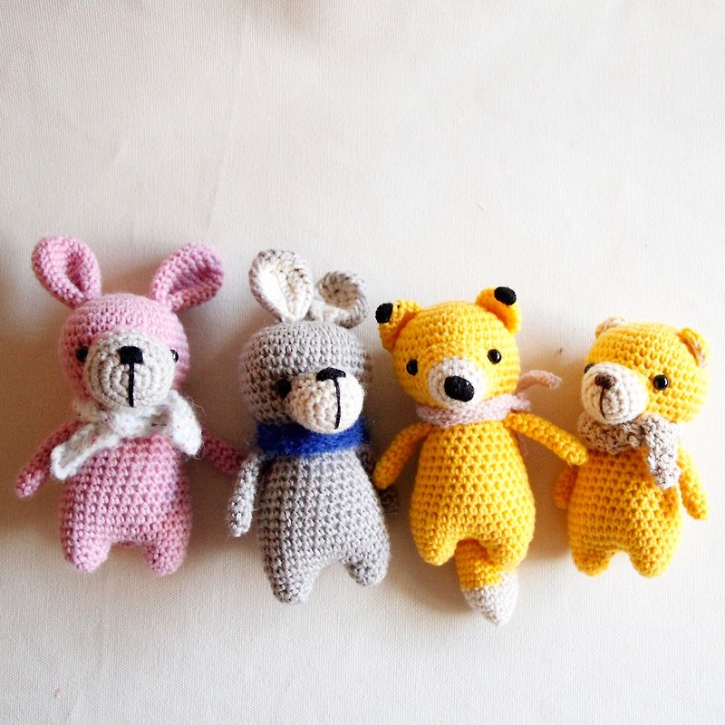 手鉤玩偶, 森林小動物, 圍巾, 黃色小熊, 粉紅小兔, 狐狸, 灰色兔 - 嬰幼兒玩具/毛公仔 - 聚酯纖維 黃色
