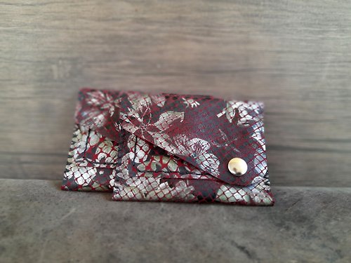 Luckysevenleather Mini Wallet, Vintage Style Floral Coin Pouch, Red Silver Suede Floral Print