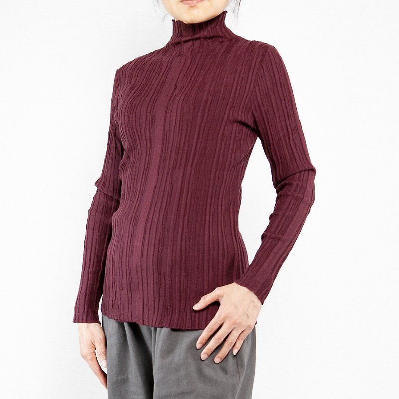 Turtleneck Knitted Straight Top - Women's Top Maroon - Women's Sweaters - Wool 