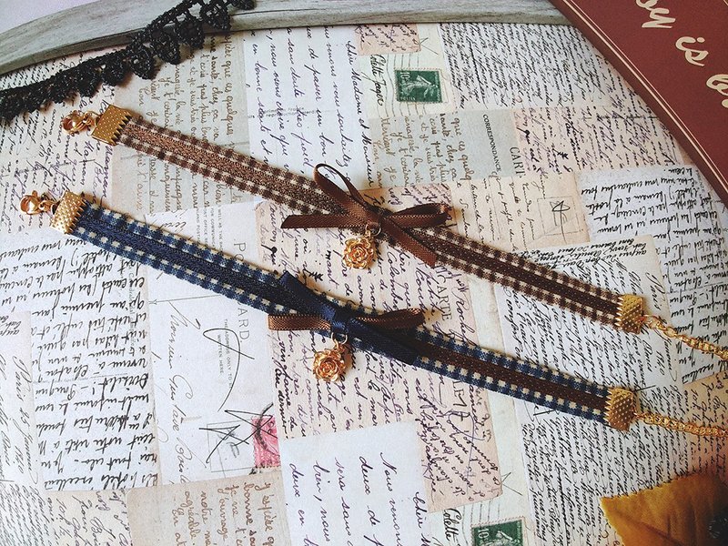 【魔法藏書閣】復古歐風玫瑰格紋手鍊丨古典蘿莉塔 - 手鍊/手環 - 棉．麻 咖啡色