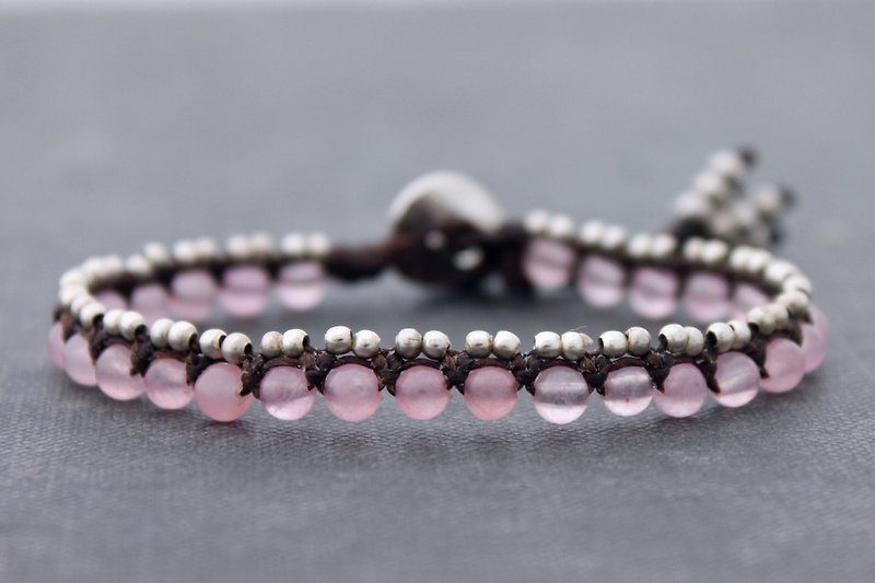 เครื่องเพชรพลอย สร้อยข้อมือ สึชมพู - Beaded Stone Silver Bracelets Rose Quartz Pink Stone Macrame Bracelets 