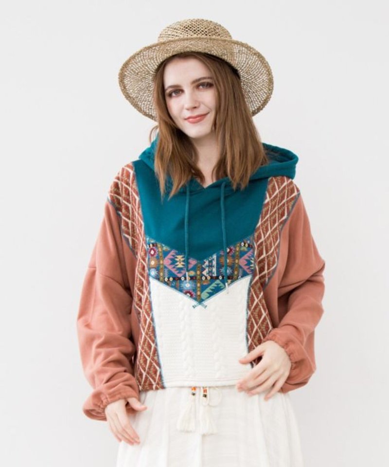 【熱門預購】民俗風拼接短版連帽衫 (3色) CTK-6105 - 女裝 背心 - 棉．麻 