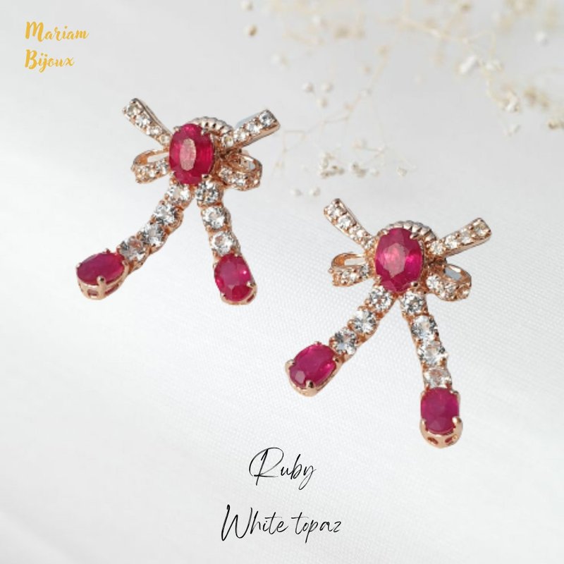 Ruby earrings, white topaz, bow earrings, silver 925 - 耳環/耳夾/耳骨夾 - 寶石 紅色