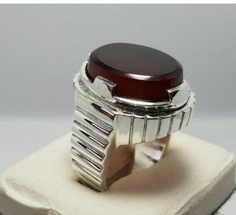 Aqeeq Ring Blood Red Yemeni Agate Mens Rings Handcrafted Jewelry Real Gemstone - General Rings - Gemstone Red