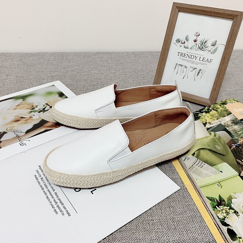 Leather Linen Woven Flat Loafers_White - Women's Oxford Shoes - Genuine Leather White