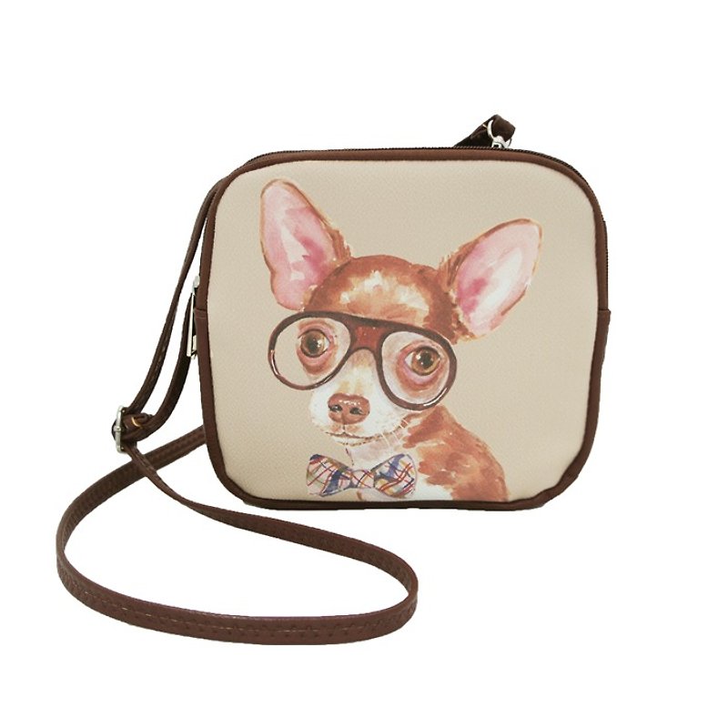 Ashley M -Nerdy Chihuahua Wear Sunglasses Square Cross Body - Messenger Bags & Sling Bags - Genuine Leather Brown
