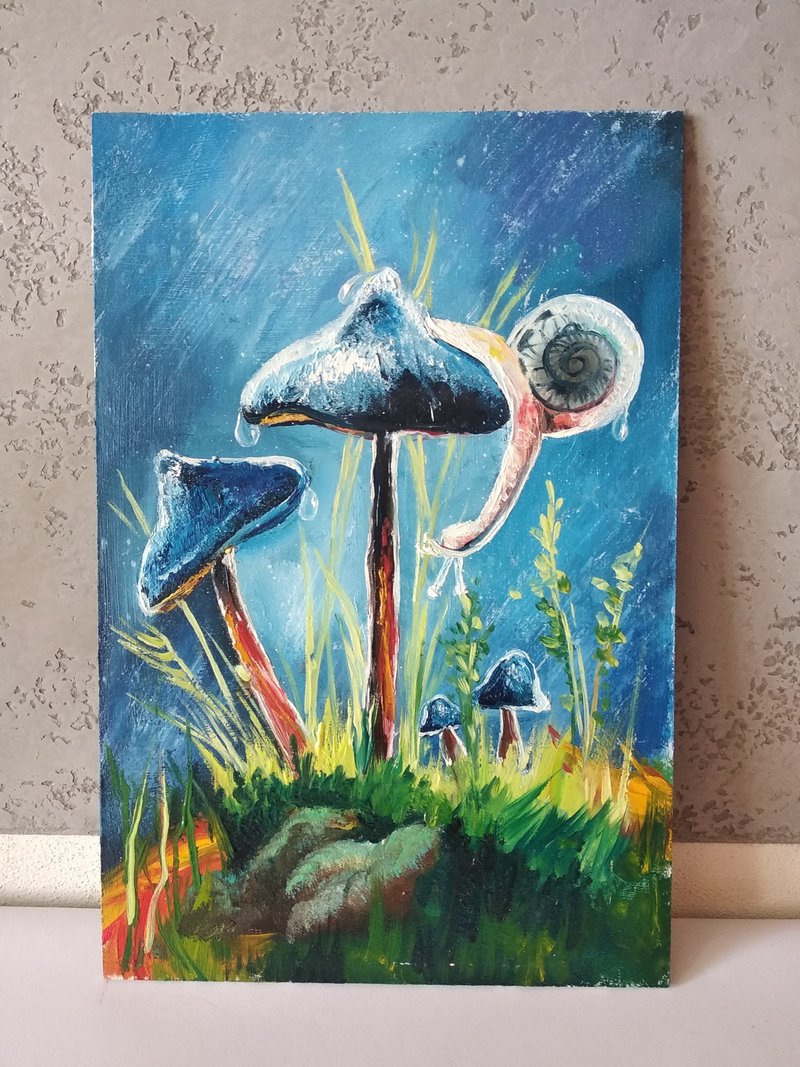 Original art. Snail painting. Floral painting. Snail art. - โปสเตอร์ - โลหะ สีเขียว