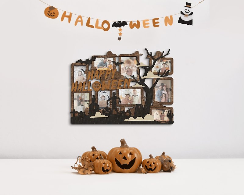 Halloween photo frame collage Unique holiday decorations 9 frame photo gallery - 牆貼/牆身裝飾 - 木頭 多色