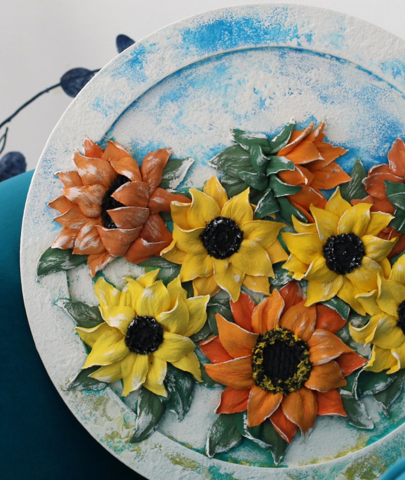 Sunflowers, original round painting with 3D flowers, sculpture painting. - Wall Décor - Other Metals 