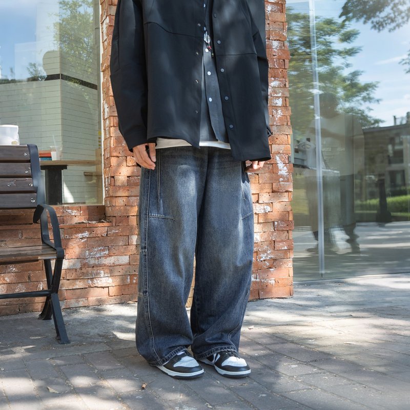 TopBasics 日系後皺褶牛仔褲 - 男裝工人褲/長褲/牛仔褲 - 棉．麻 藍色