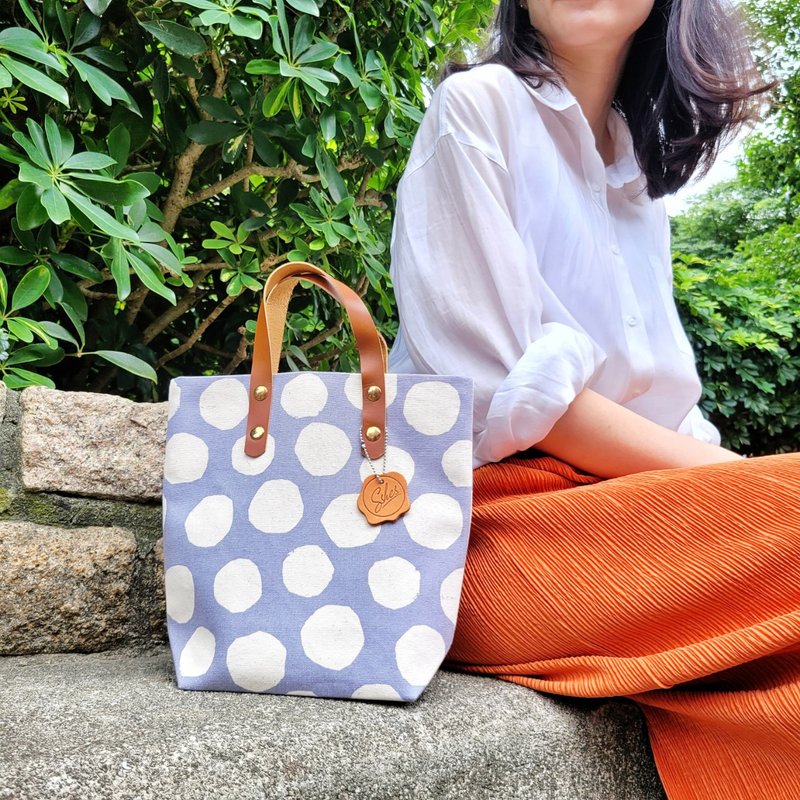 Simple Japanese canvas cowhide handle bag - blue gray - กระเป๋าถือ - หนังแท้ หลากหลายสี