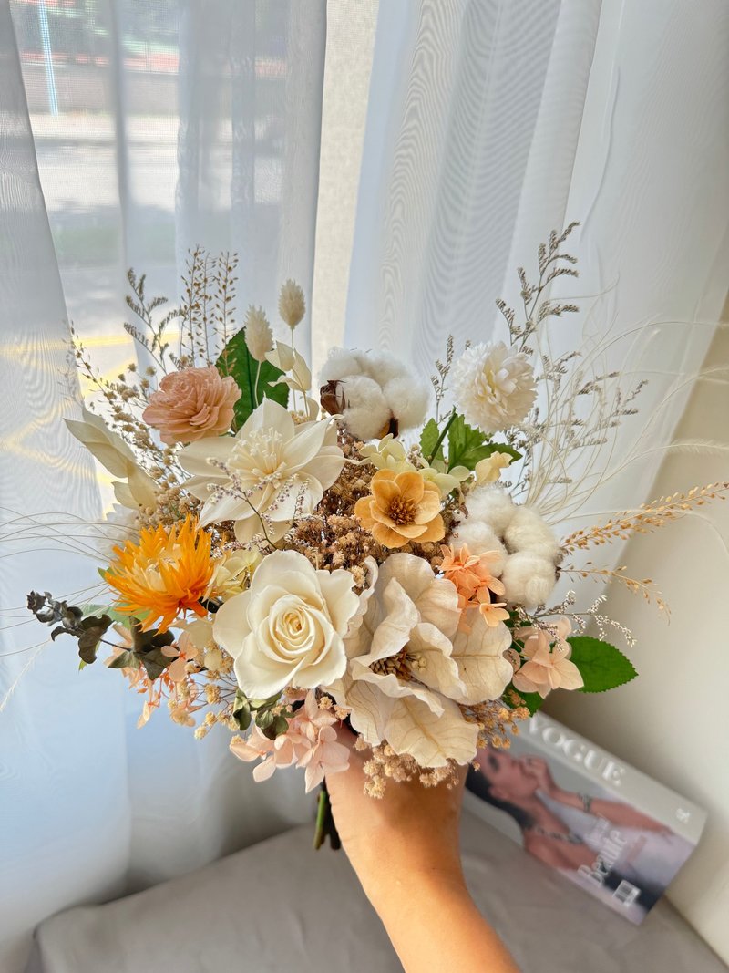 Custom order - white, pink and orange eternal flower bridal bouquet and men's corsage - Dried Flowers & Bouquets - Plants & Flowers 