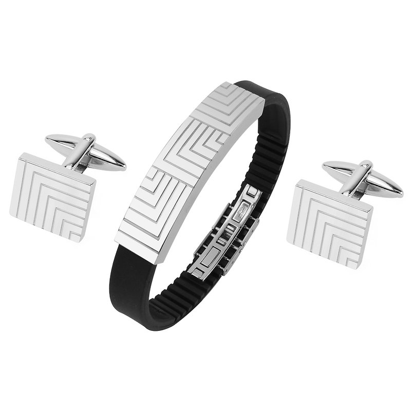 Stainless Steel Engraved Lines Cufflinks and Bracelet Set - กระดุมข้อมือ - โลหะ สีเงิน