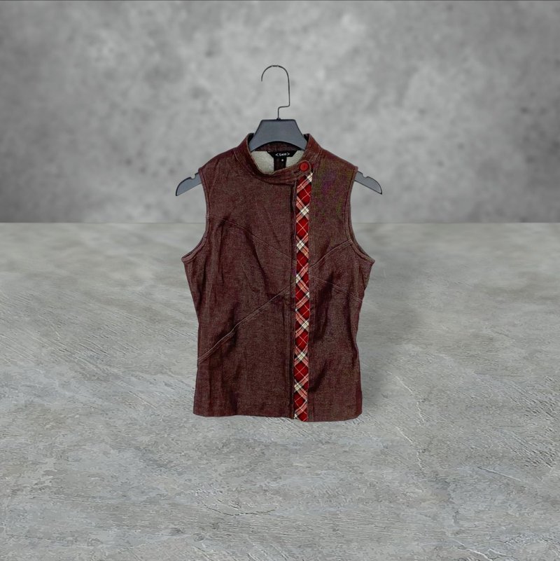 Second-hand Brown Red Plaid Stitching Elastic Vest OPD512 - Women's Vests - Polyester Brown